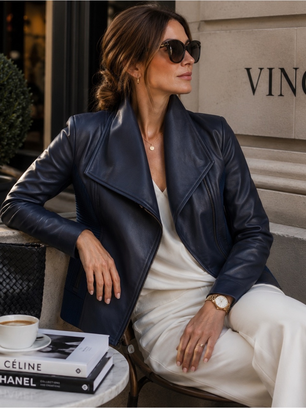 Vince Lambskin Leather Scuba Jacket Navy Asymmetrical Moto Knit Panels Large